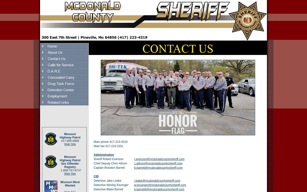 McDonald County Sheriff's Office official contact page