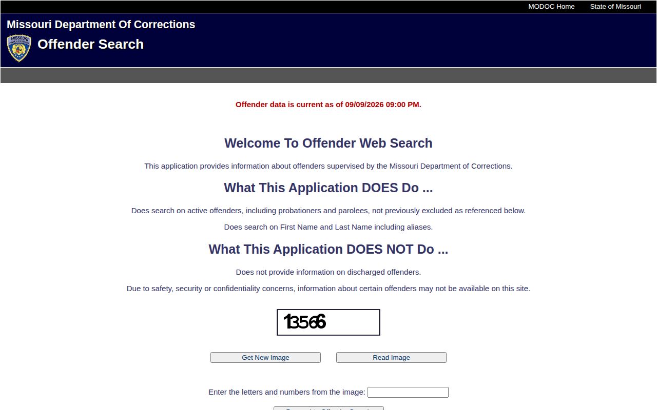 Missouri Department of Corrections public offender search interface