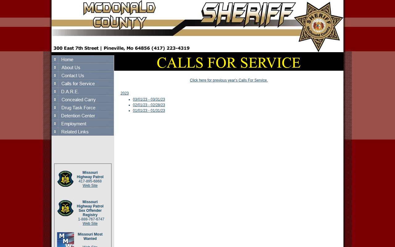 McDonald County Sheriff Calls for Service webpage interface