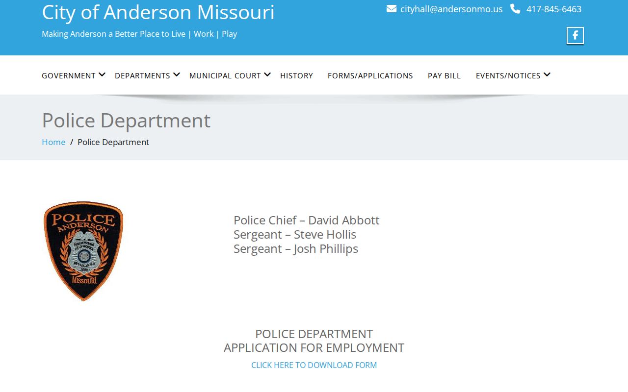 Anderson Police Department contact page for Anderson arrest records