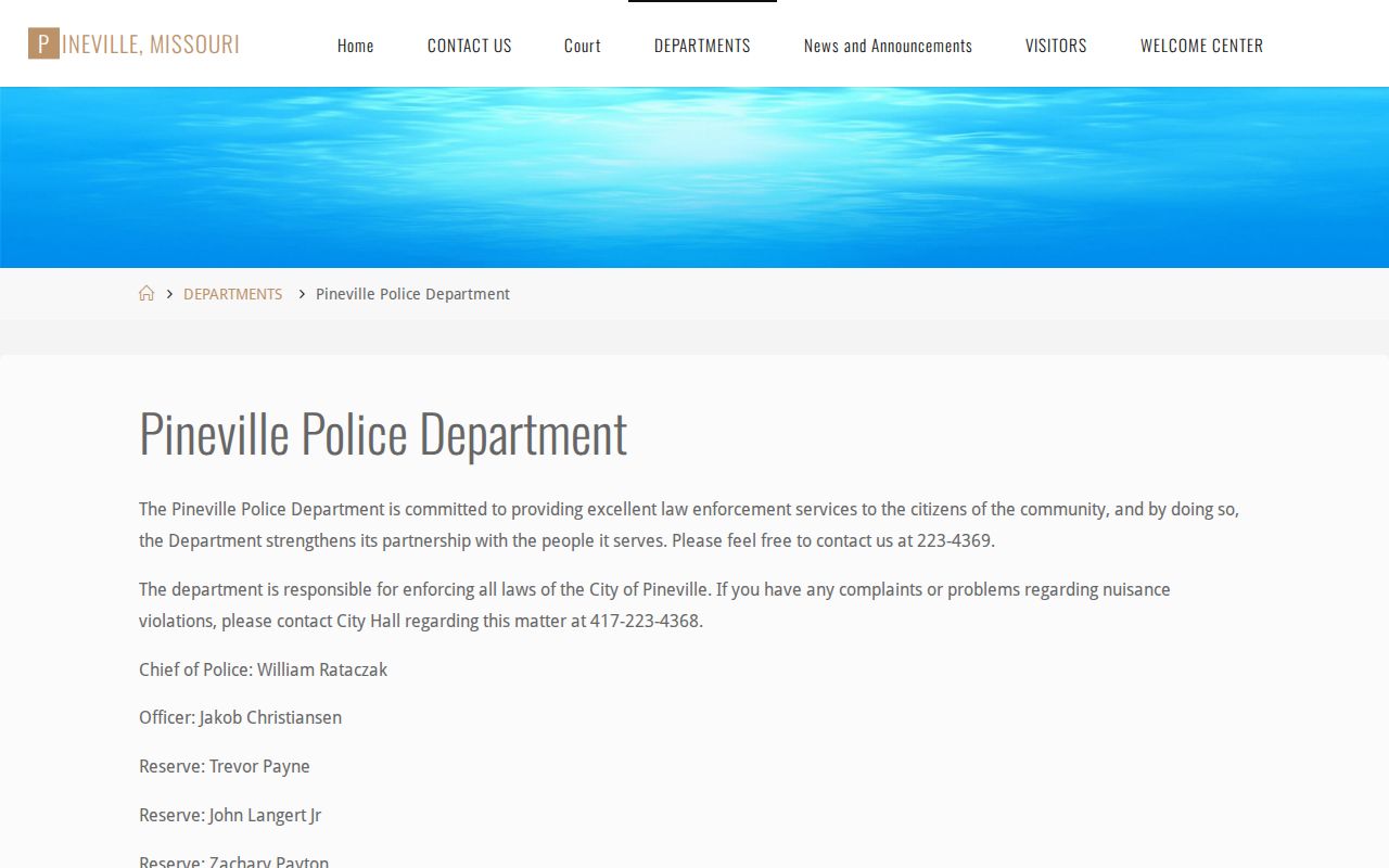 Pineville Police Department contact page for recent arrest records