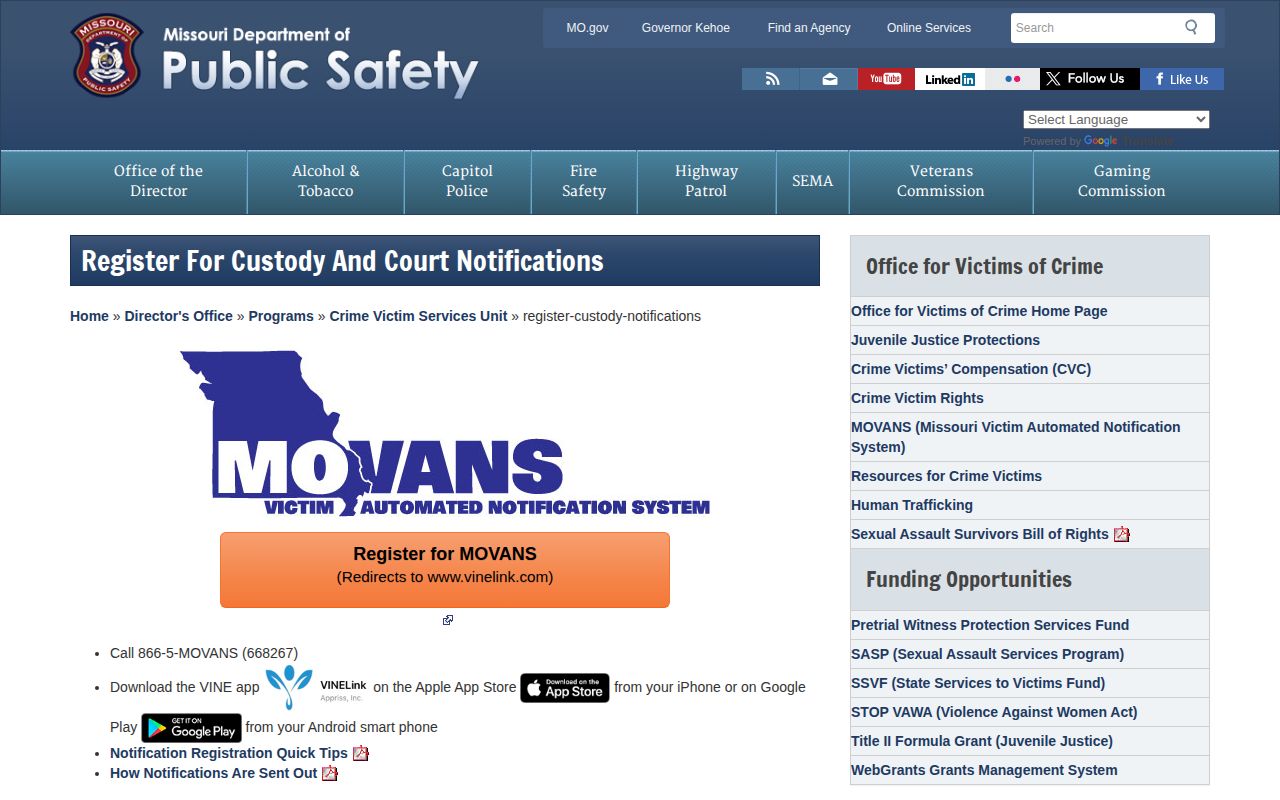 Missouri MOVANS McDonald County custody alert registration information